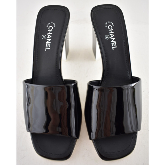 Chanel 22C Black Patent Calf White CC Logo Mule Slide Block Heel Sandal 36.5 - Picture 5 of 12
